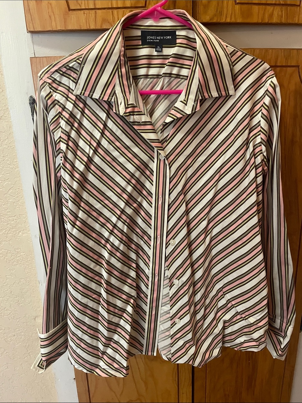 Jones New York Pink, Black and Cream Diagonal Stripe Blouse